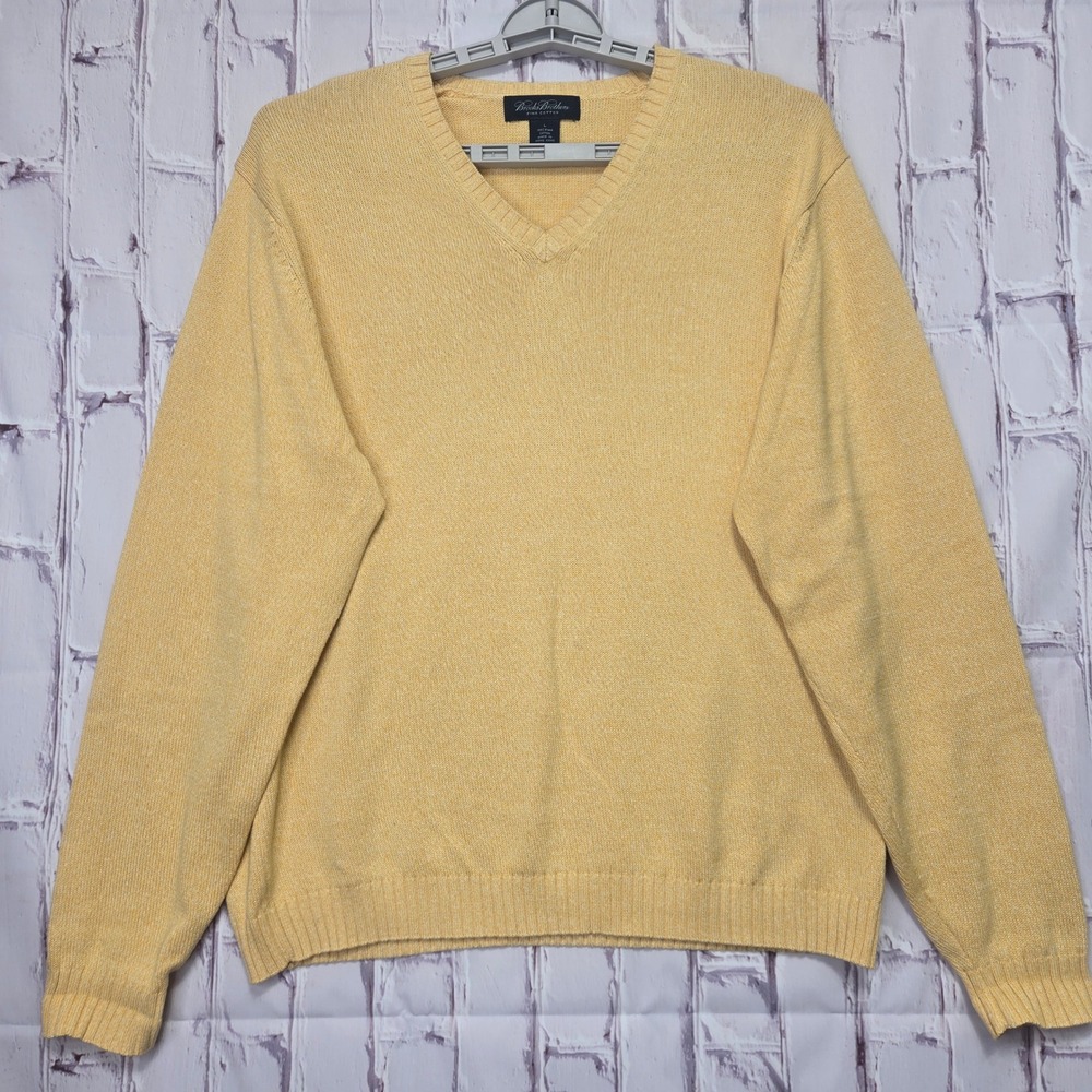 Brooks Brothers Mens Pima Cotton V-Neck Sweater Yellow Marl Knit Size Large